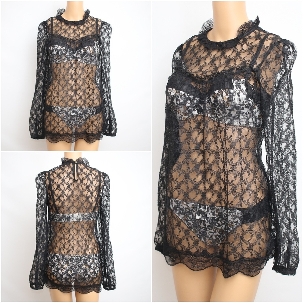 Jaspal Vintage Black See-Through Lace Top Blouse S